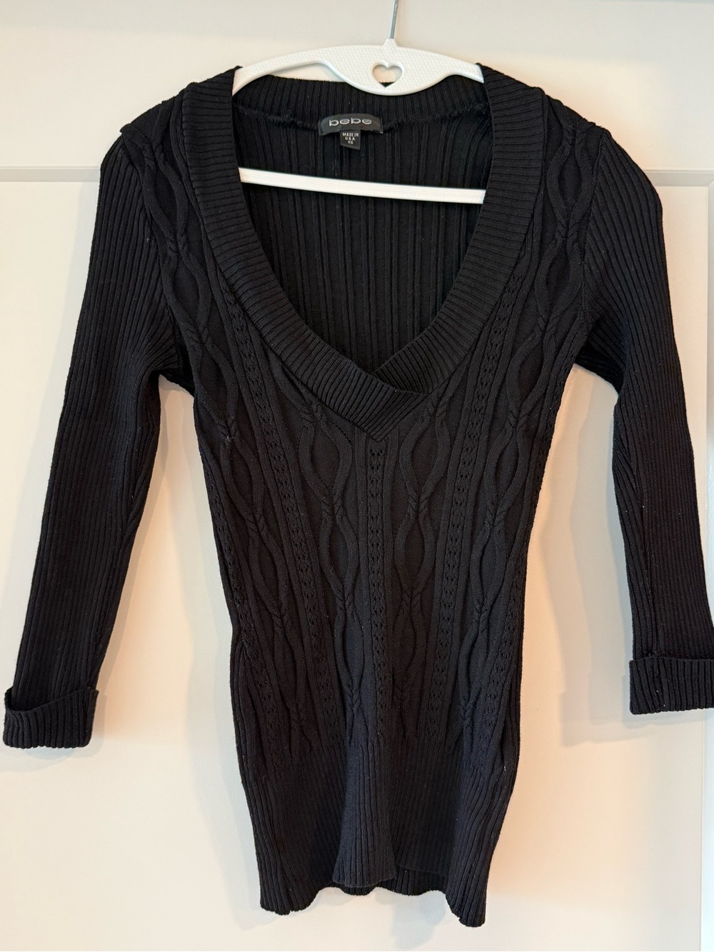 bebe Black Cable Knit V-Neck Slim Sweater